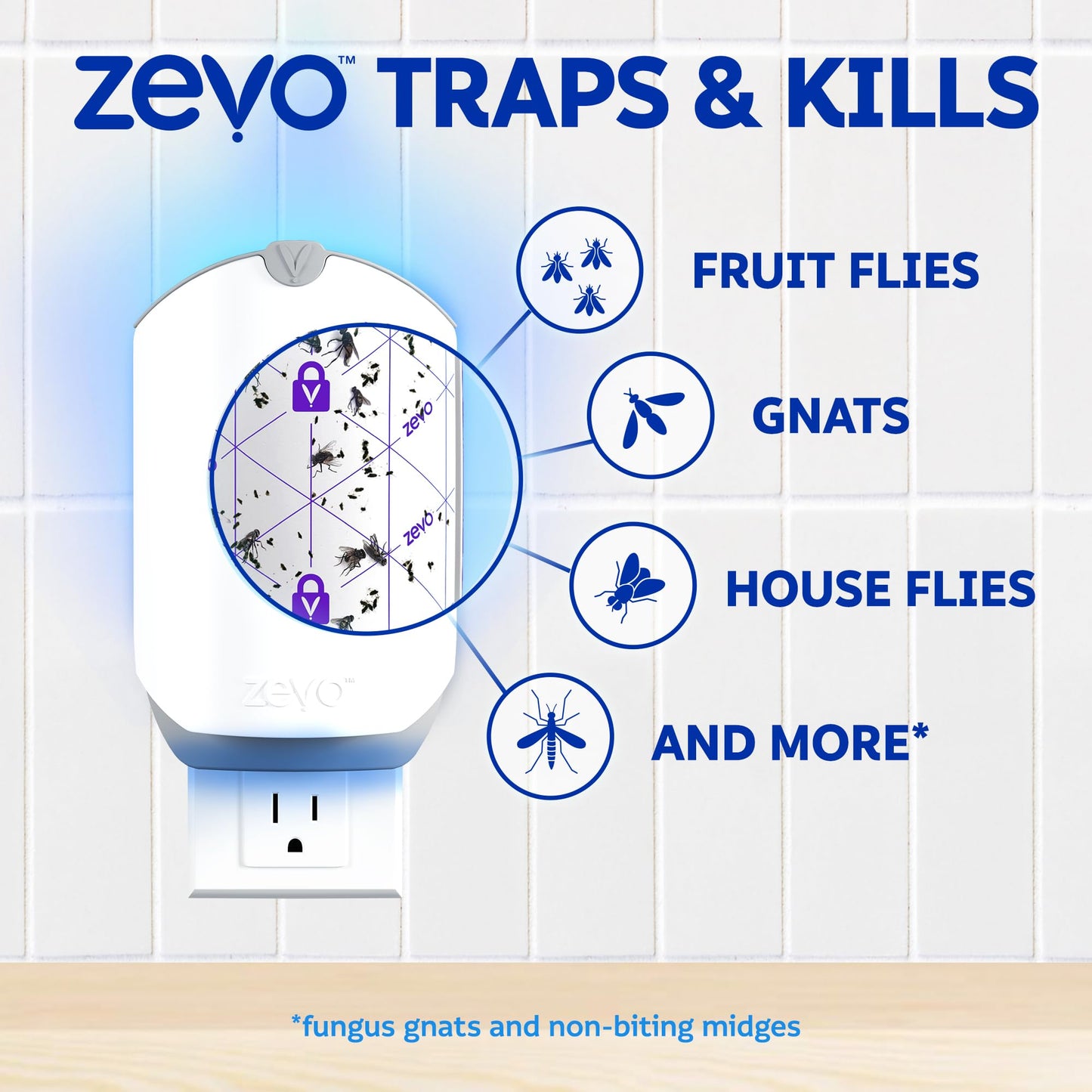 Zevo Flying Insect Trap - Plug-in Indoor Fly Trap and Bug Light Trap Refill with Blue and UV Light - No-Mess Cartridge for House Flies, Fruit Fly Trap and Gnats (1 Plug-in Base and 1 Cartridge)
