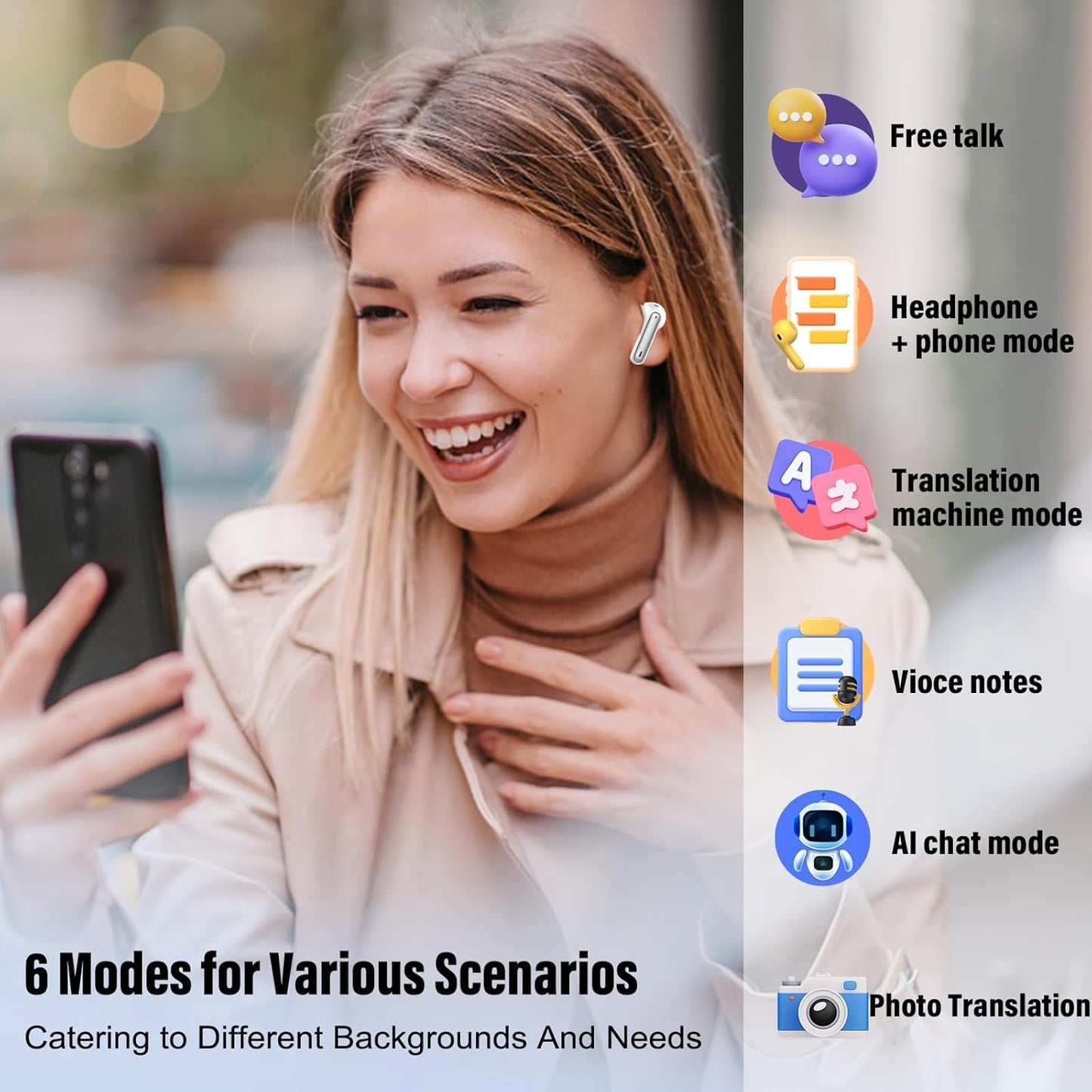 Ai Translation Earbuds Real Time,3-in-1 Buletooth 5.3 Translator Earbuds with 6 Translation Modes/164 Languages,No Subscription Required Translatior Headphones,40H Audifonos Traductores Inglés Español