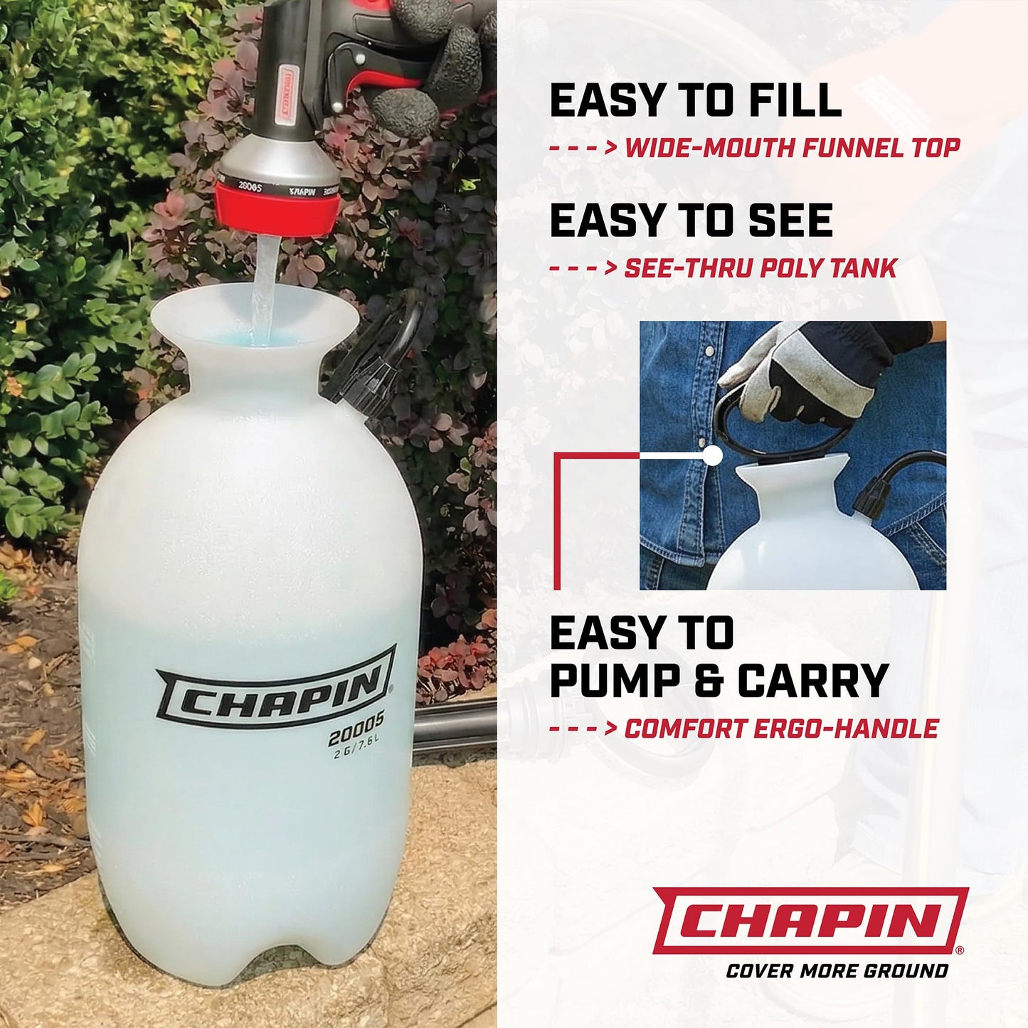 Chapin 20004 Pump Sprayer, 1-Gallon SureSpray Translucent Tank with an Easy Fill Funnel-Top Opening, Adjustable Cone Nozzle & 34" Long Reach Hose, Used for Fertilizer, Pesticides, Weeds & Pests | Durable lightweight tank; ideal for weed control, plant car