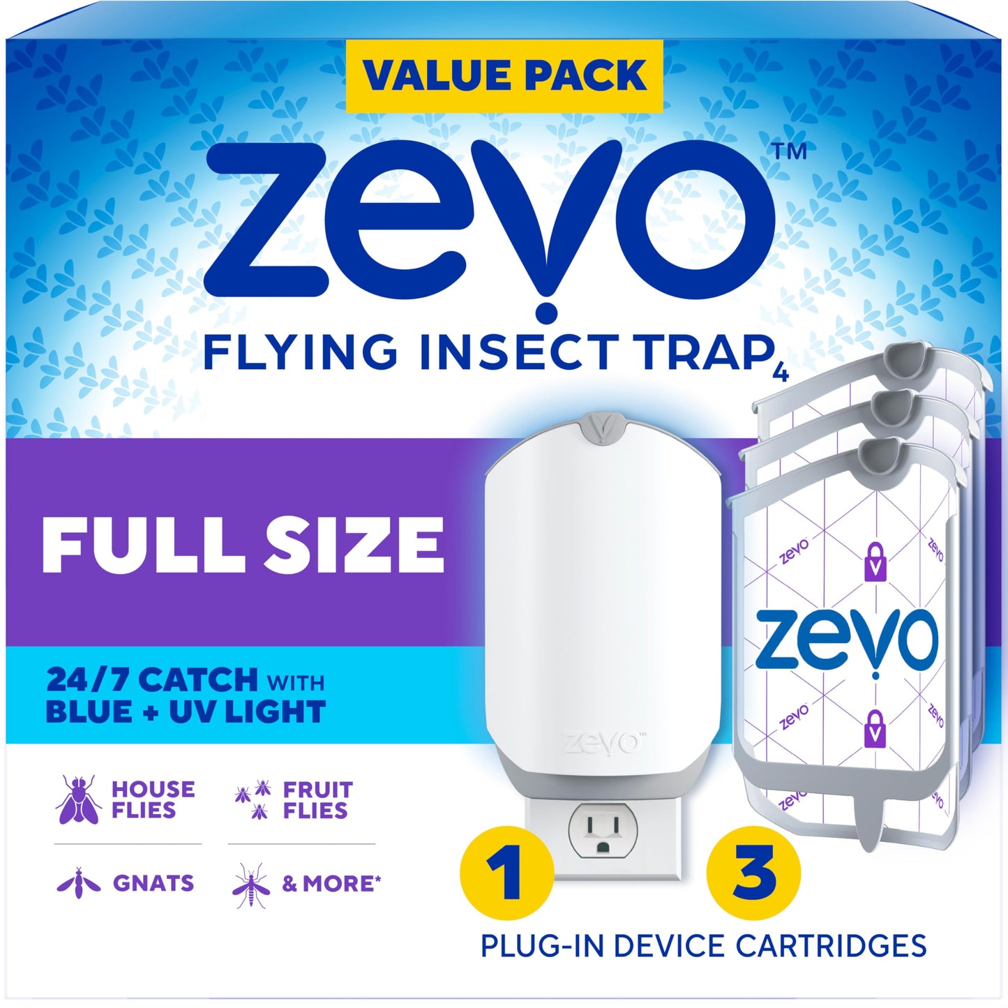 Zevo Flying Insect Trap - Plug-in Indoor Fly Trap and Bug Light Trap Refill with Blue and UV Light - No-Mess Cartridge for House Flies, Fruit Fly Trap and Gnats (1 Plug-in Base and 1 Cartridge)